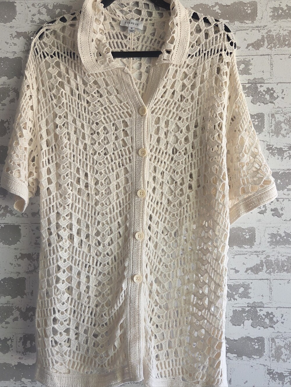 ​EVEREVE Cream Crochet Short Sleeve Button Front Knit Top XL Boho Cottagecore